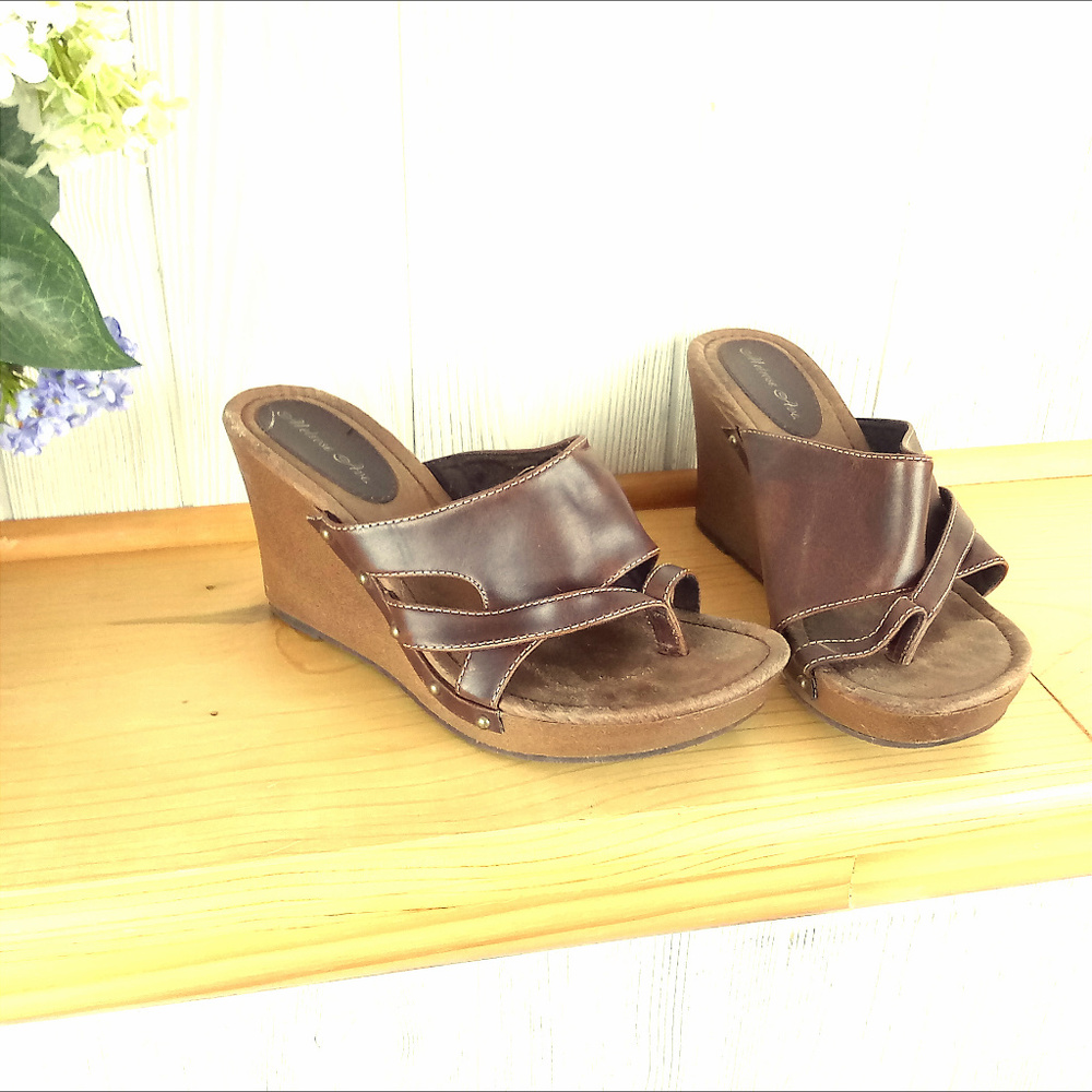 Brown Leather Strappy Wedge High Heeled Sandals